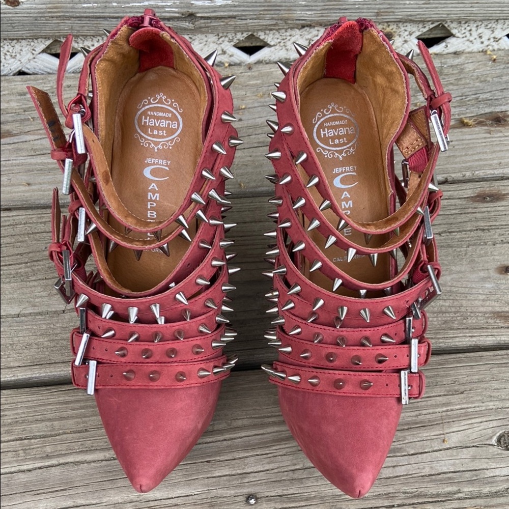 Jeffrey Campbell Zip-2 Stud Brick Red Nubuck Leather Wedge Shoes Women's Size 6 - Picture 8 of 14